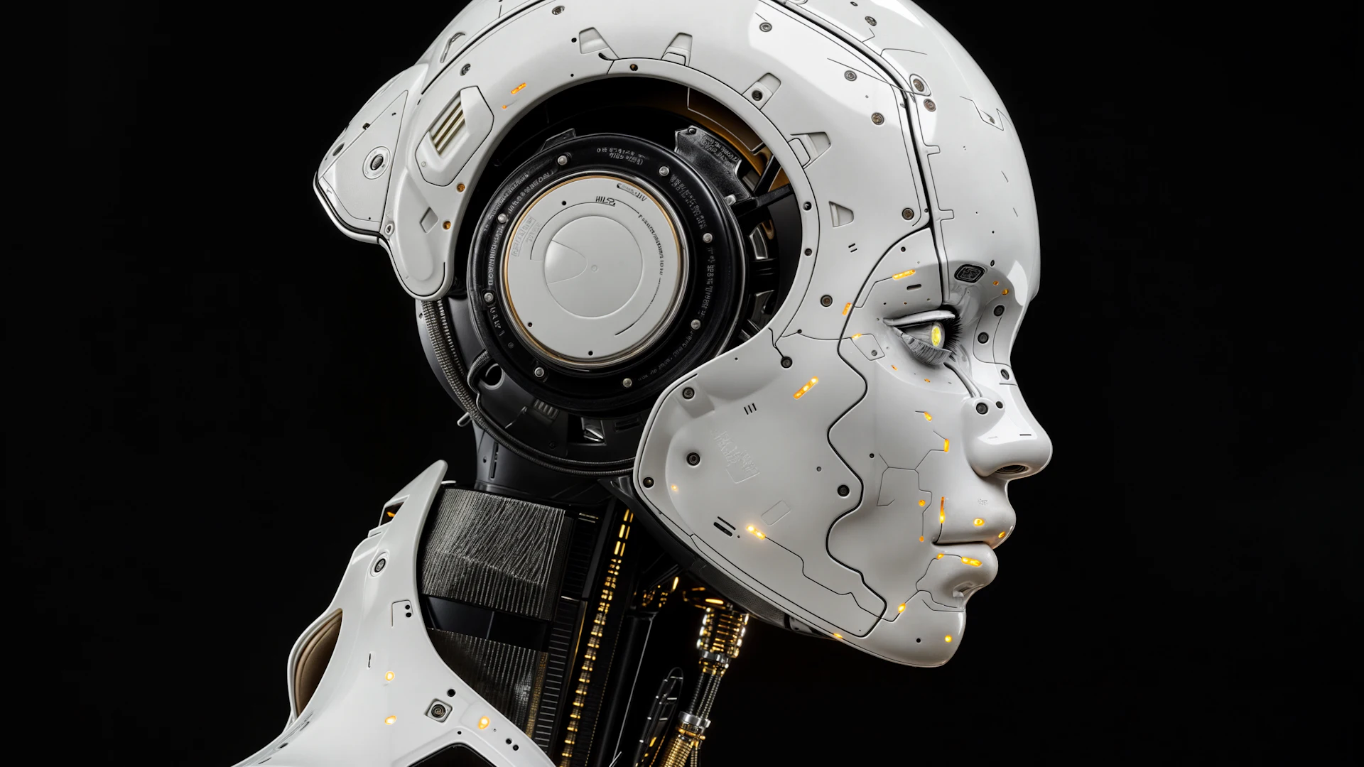 A white humanoid robot in profile against black