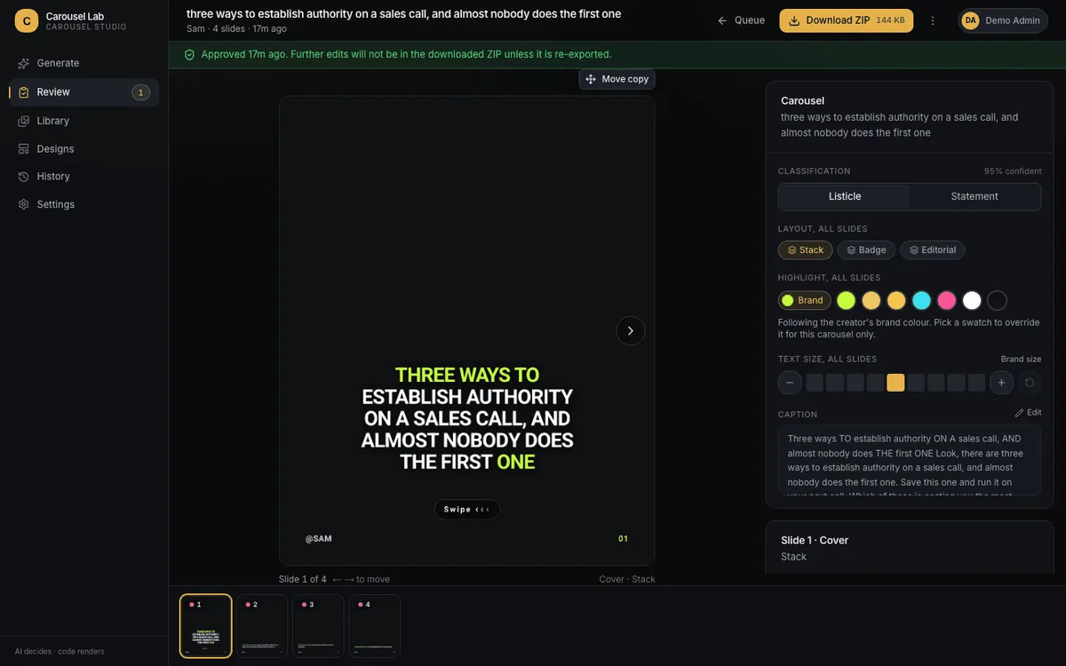 Carousel Lab: reviewing an exported Instagram carousel