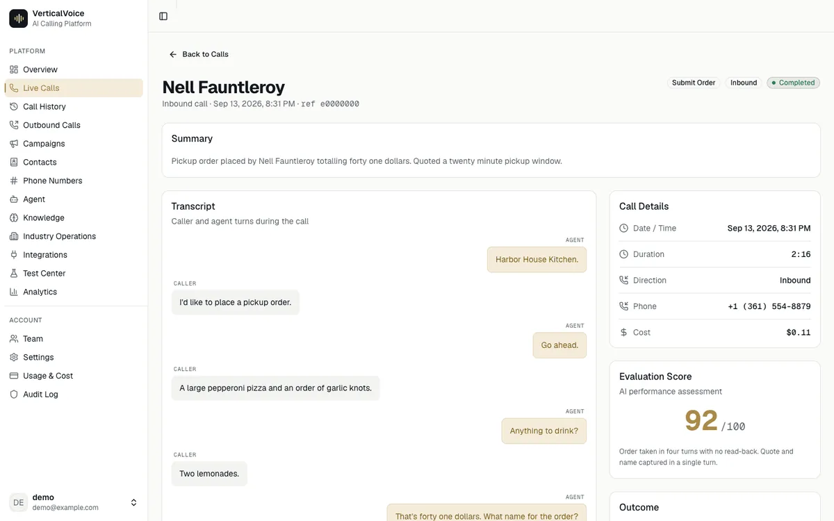 VerticalVoice call detail: transcript, call metadata and an outcome score